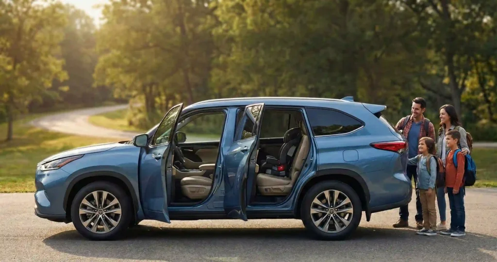 Best 3 row SUV for families 2026 showing Toyota Grand Highlander Lexus TX and Kia Telluride family SUV options with 8 passenger seating wide door access foldable seats and standard driver assistance safety features for US families