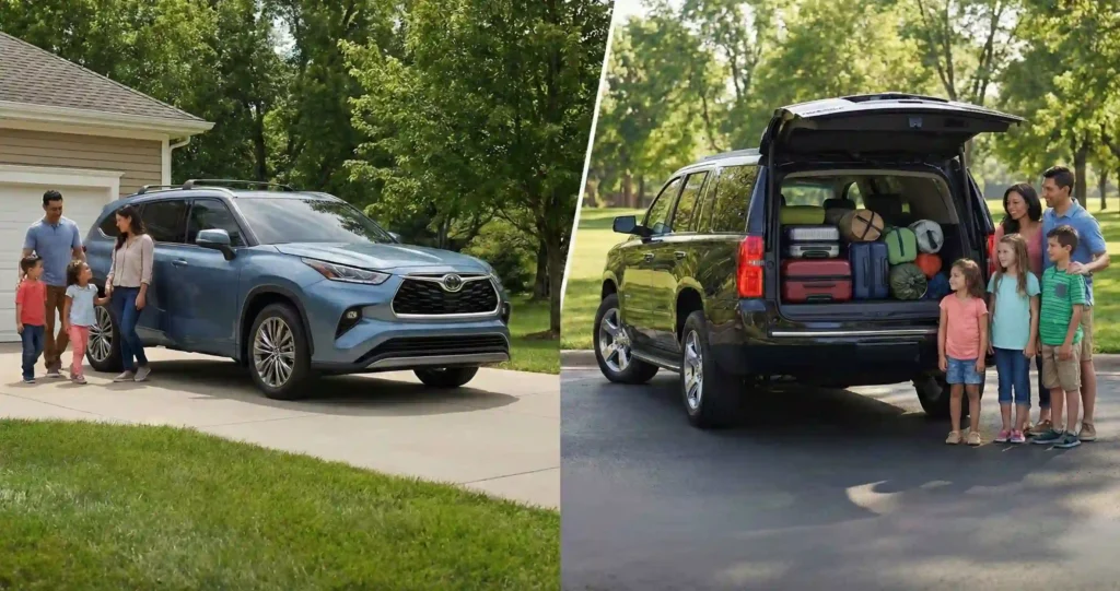 Midsize SUV vs full size SUV 2026 comparison showing Toyota Grand Highlander and Lexus TX midsize options versus Ford Expedition and Chevrolet Suburban full size SUV models with cargo space towing capacity and parking footprint differences for US buyers