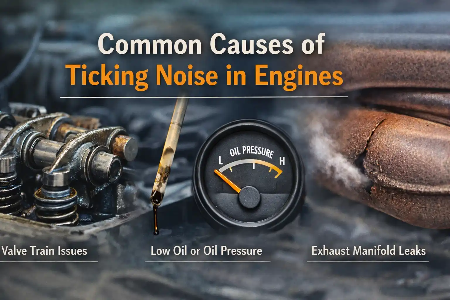 Visual overview of the common causes of engine ticking noise in a 2024 Honda CR-V including valve train components, oil system, and exhaust manifold