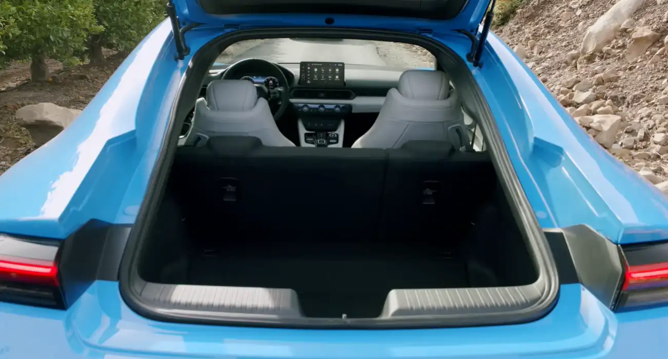 Open rear hatch of 2025 Honda Prelude showing cargo space