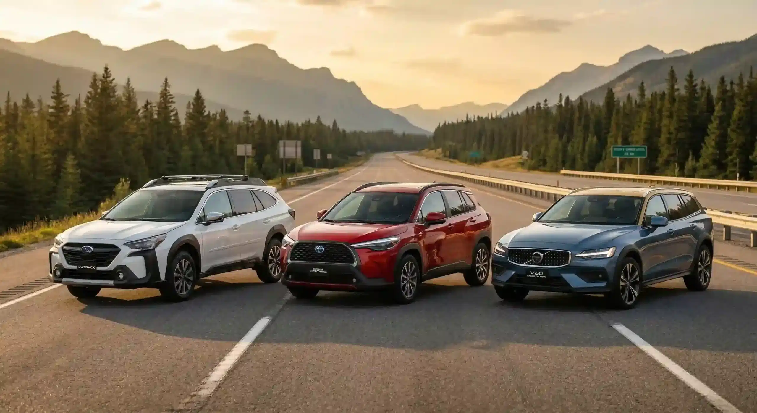 2026 Subaru Outback vs Toyota Corolla Cross Hybrid vs Volvo V60 Cross Country side by side comparison on American highway