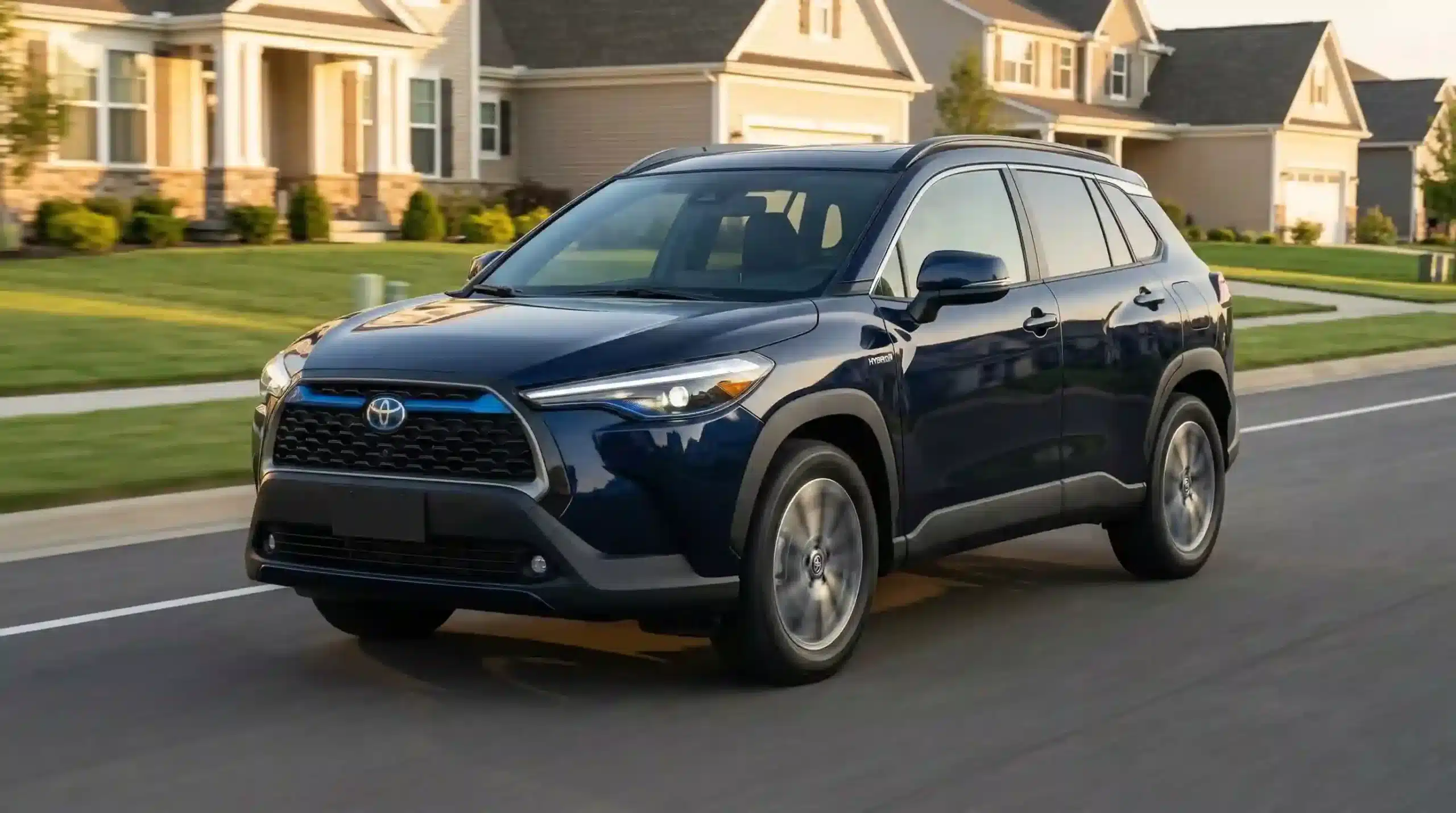 2026 Toyota Corolla Cross Hybrid in motion showing hybrid badge and aerodynamic profile on American road