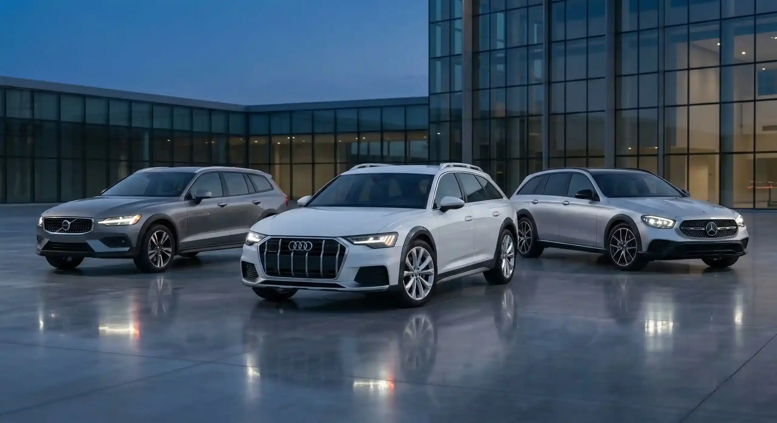 2026 Volvo V60 Cross Country Audi A6 Allroad and Mercedes E-Class All-Terrain Wagon premium comparison at dusk
