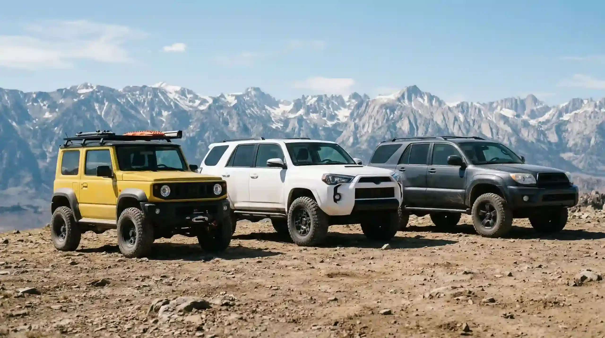 Best 4x4 SUVs under 60000 in 2026 showing Jeep Wrangler Ford Bronco and Toyota 4Runner parked together on trail comparing ground clearance off-road hardware and price