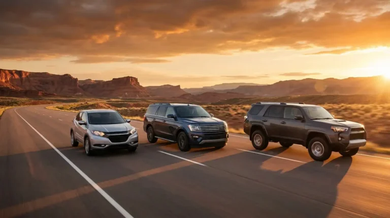 Best SUVs 2026-convoy of SUVs on a highway at golden hour