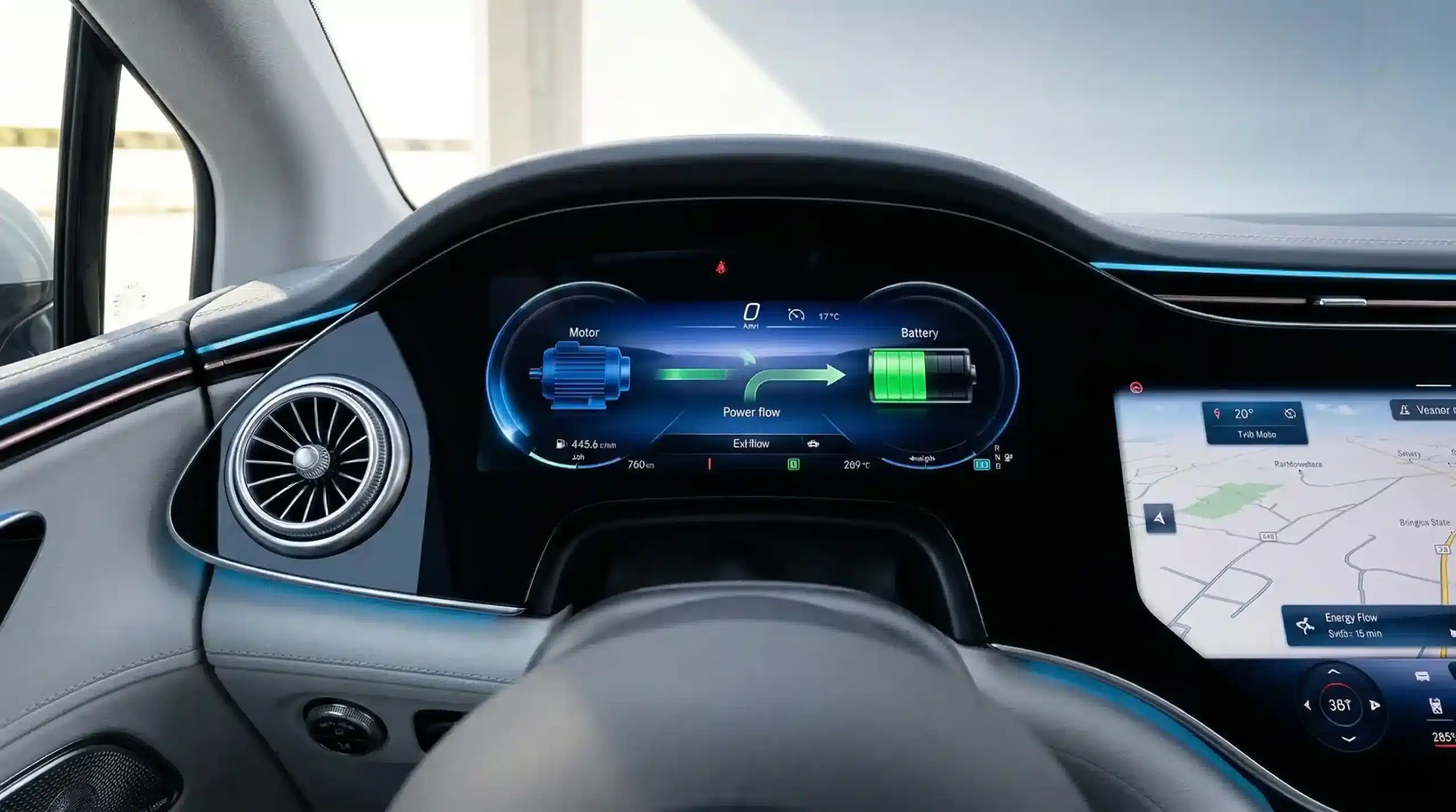 Hybrid powertrain instrument cluster display showing electric motor and combustion engine energy flow differentiating full hybrid versus mild hybrid MHEV system in luxury cars