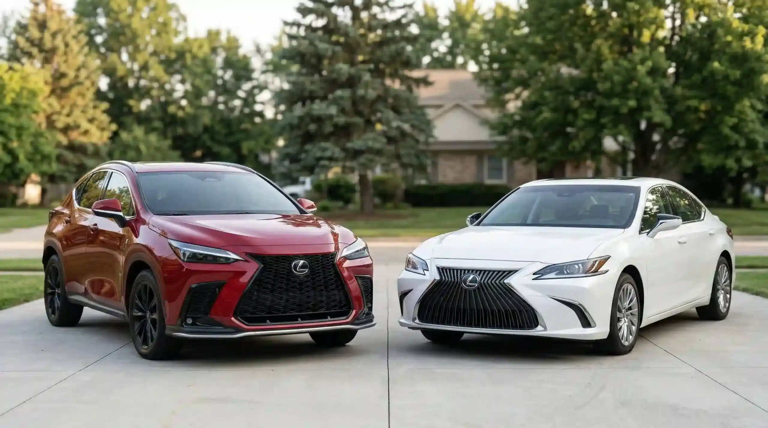 2026 Lexus NX 350h vs Lexus ES 350h hybrid comparison showing SUV versus sedan design AWD versus FWD 39 mpg versus 46 mpg for US entry-level luxury buyers