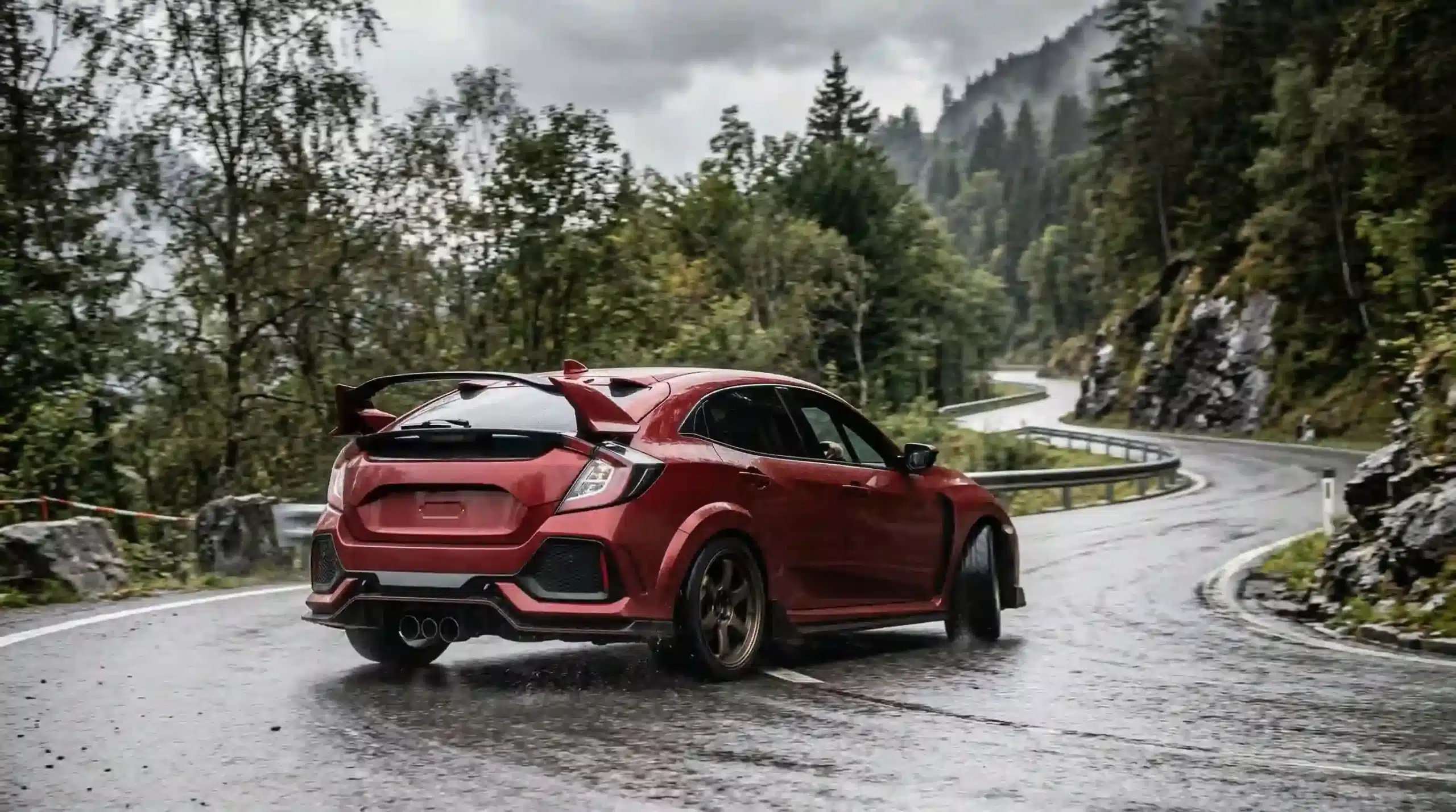 Toyota GR Corolla 2026 GR-FOUR AWD performance hatchback on wet twisting road showing all-wheel drive traction and rally-inspired driving dynamics for US buyers