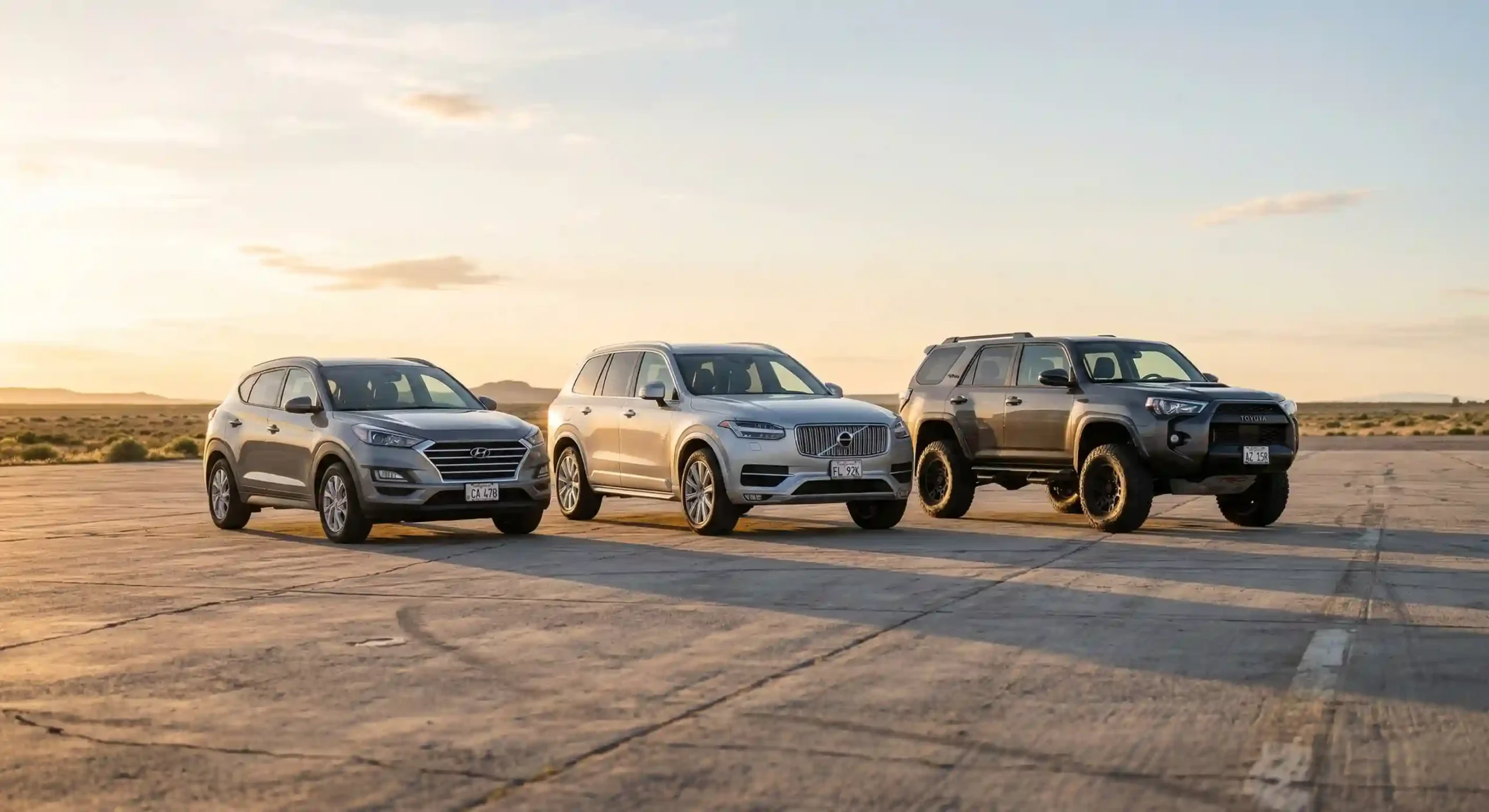 Best SUVs 2026 size class comparison, compact Toyota RAV4 Hybrid, midsize 3-row Kia Telluride, and body-on-frame Toyota 4Runner side by side