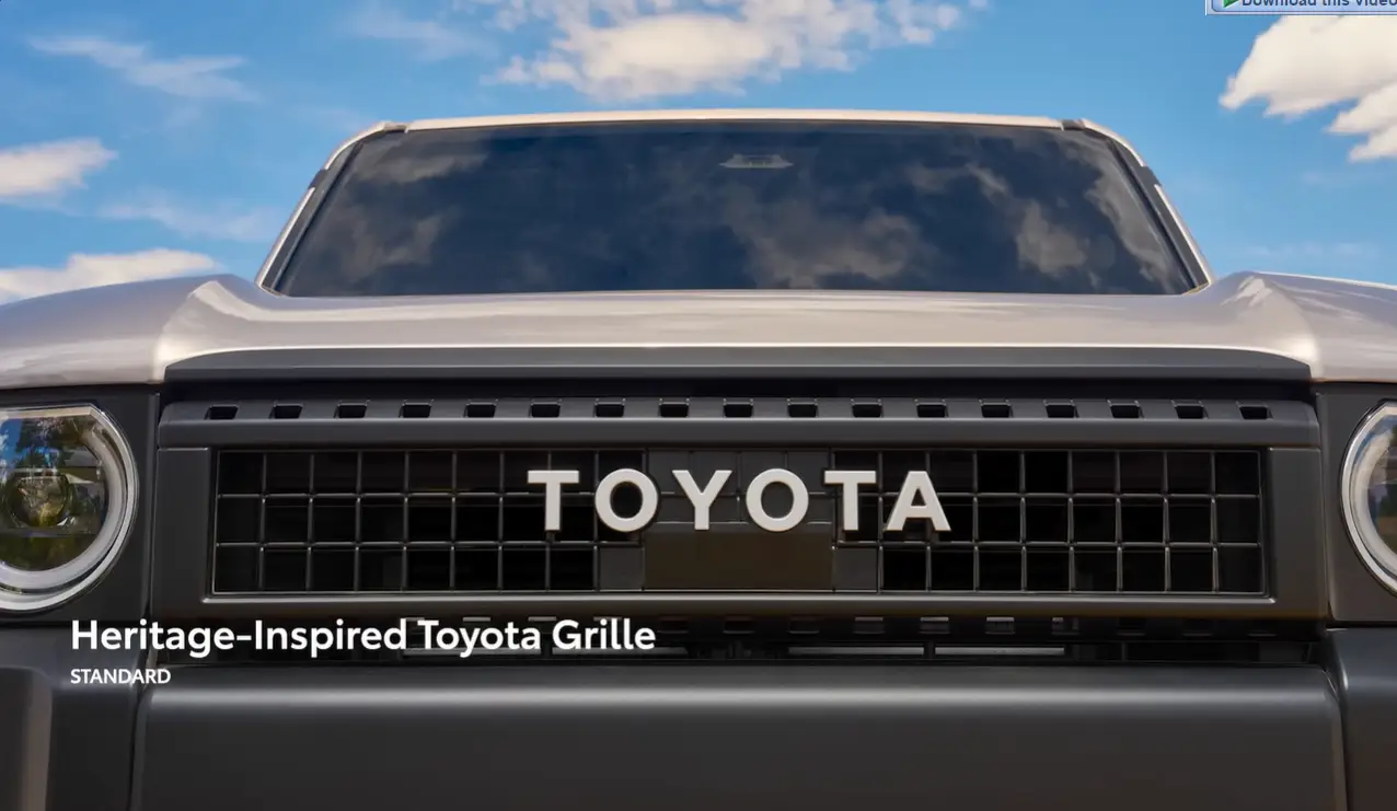 Toyota Land Cruiser 2026 front view showing hybrid-only US market i-FORCE MAX engine with 326 horsepower 465 lb-ft torque retro round or square headlight options starting near 59000 and Heritage Blue two-tone color option