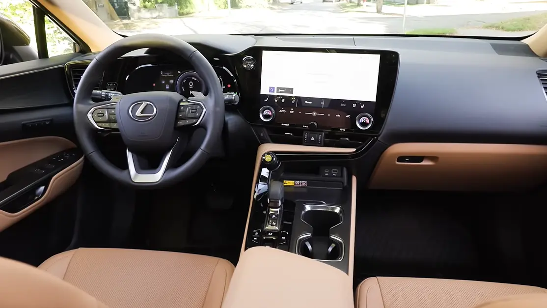 Lexus NX 350h 2026 interior showing heated seats blind-spot monitoring adaptive cruise wireless Apple CarPlay standard equipment at 44175 base price and strong feature list that beats comparable BMW X3 and Volvo XC60 at similar price