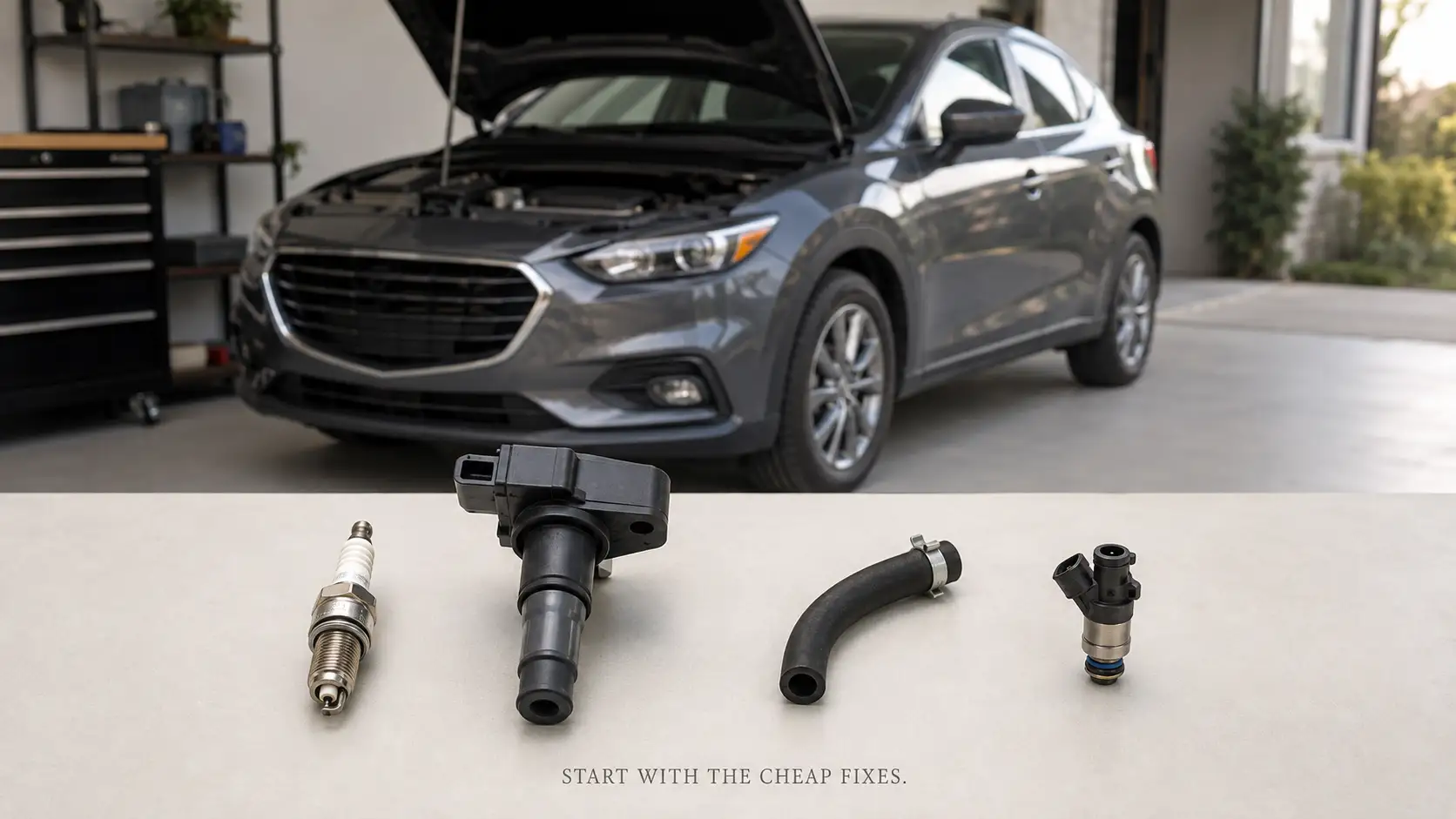 P0300 common causes cheapest first spark plugs ignition coils vacuum leak fuel injector low compression cheapest-first diagnostic order