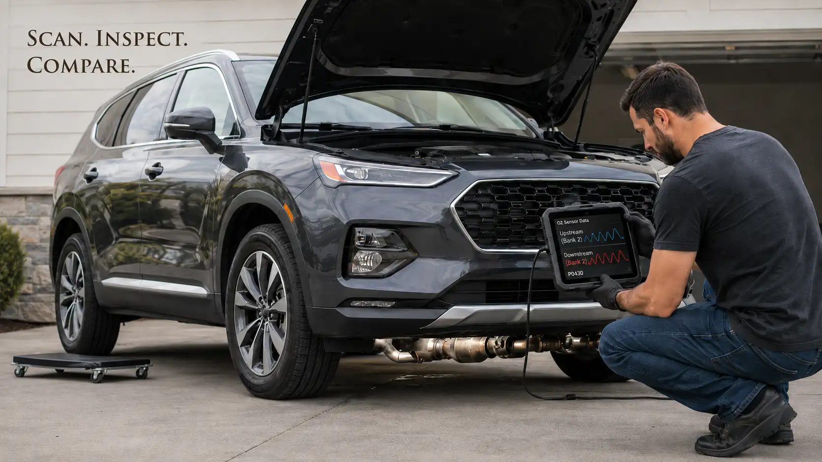 How to diagnose P0430 yourself OBD-II scanner companion codes exhaust leak inspection upstream downstream O2 sensor live data comparison DIY catalyst Bank 2