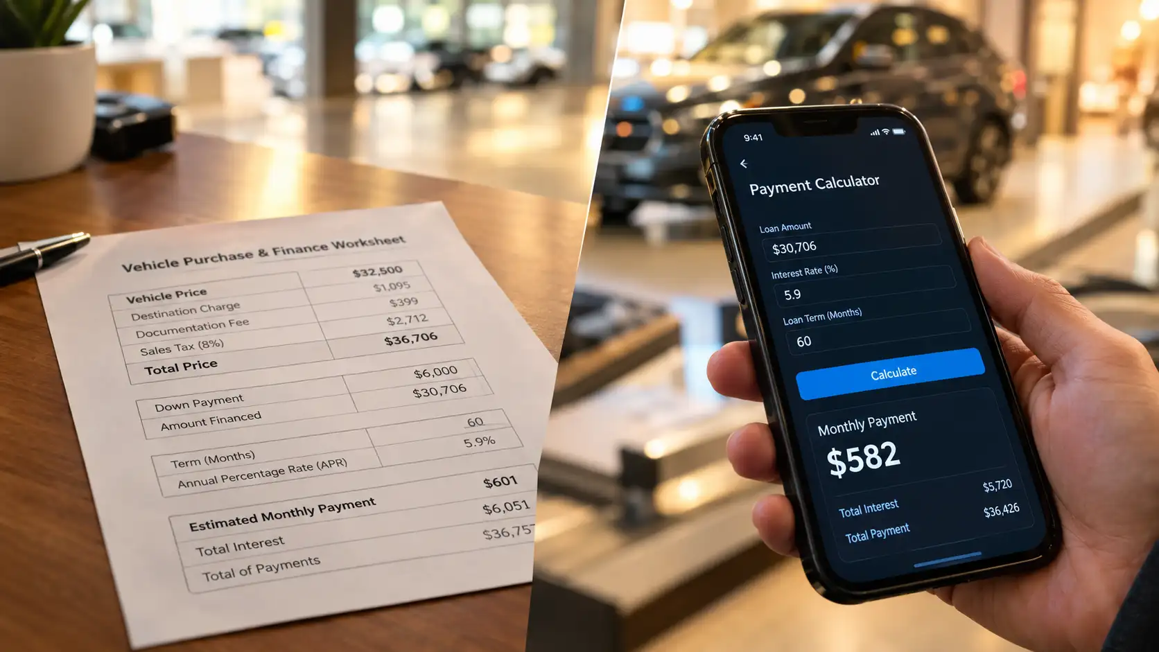 Car payment calculator vs dealer quote comparison out-the-door price fee breakdown APR trade-in timing negotiation checklist
