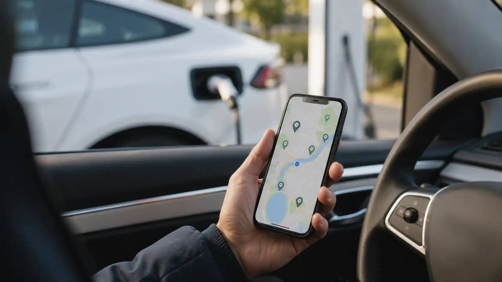 Driver using a smartphone map app to locate nearby electric vehicle charging stations PlugShare Google Maps Apple Maps network app real-time availability
