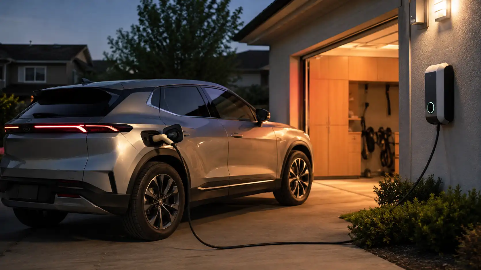 Electric vehicle charging at home using a Level 2 charger in a suburban driveway 240V EVSE home installation overnight charging cost savings