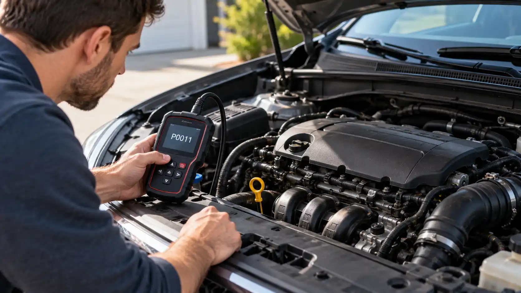 P0011 code simple fixes check oil level test VVT solenoid inspect companion codes scan tool command cam angle DIY diagnostic order
