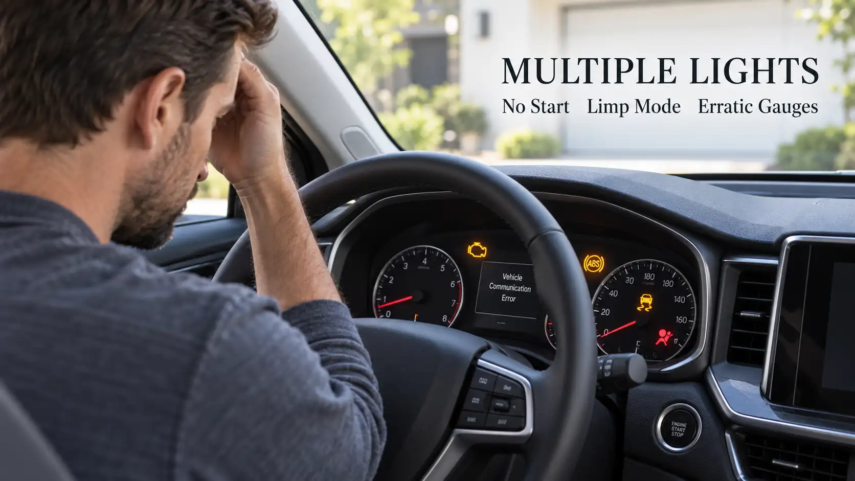 U0100 code multiple warning lights check engine ABS traction control airbag lights firing together shared communication fault symptom cluster