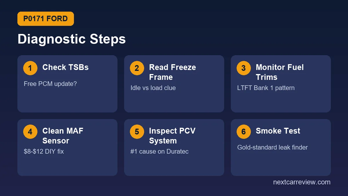 P0171 Ford diagnosis steps: check MAF sensor, inspect PCV hoses, monitor fuel trims, smoke test for vacuum leaks