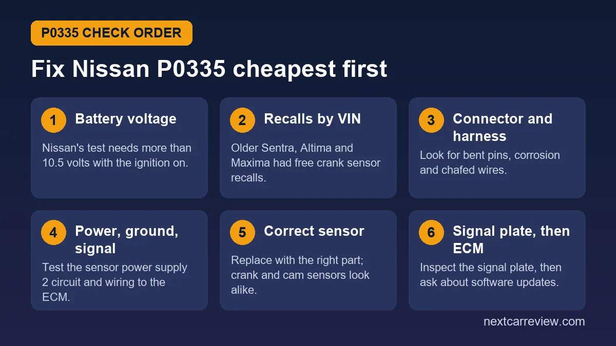 Six-step Nissan P0335 check order: battery, recalls, connector, circuits, correct sensor, signal plate and ECM