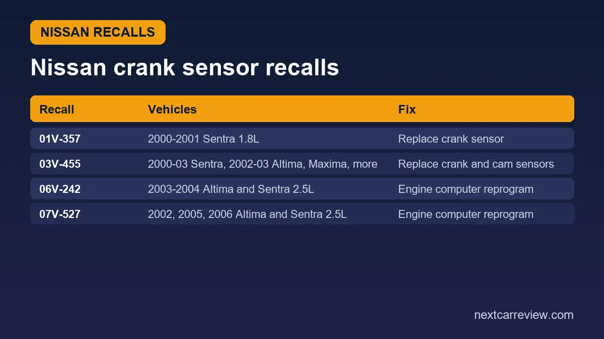 Table of Nissan crankshaft sensor safety recalls 01V-357, 03V-455, 06V-242 and 07V-527