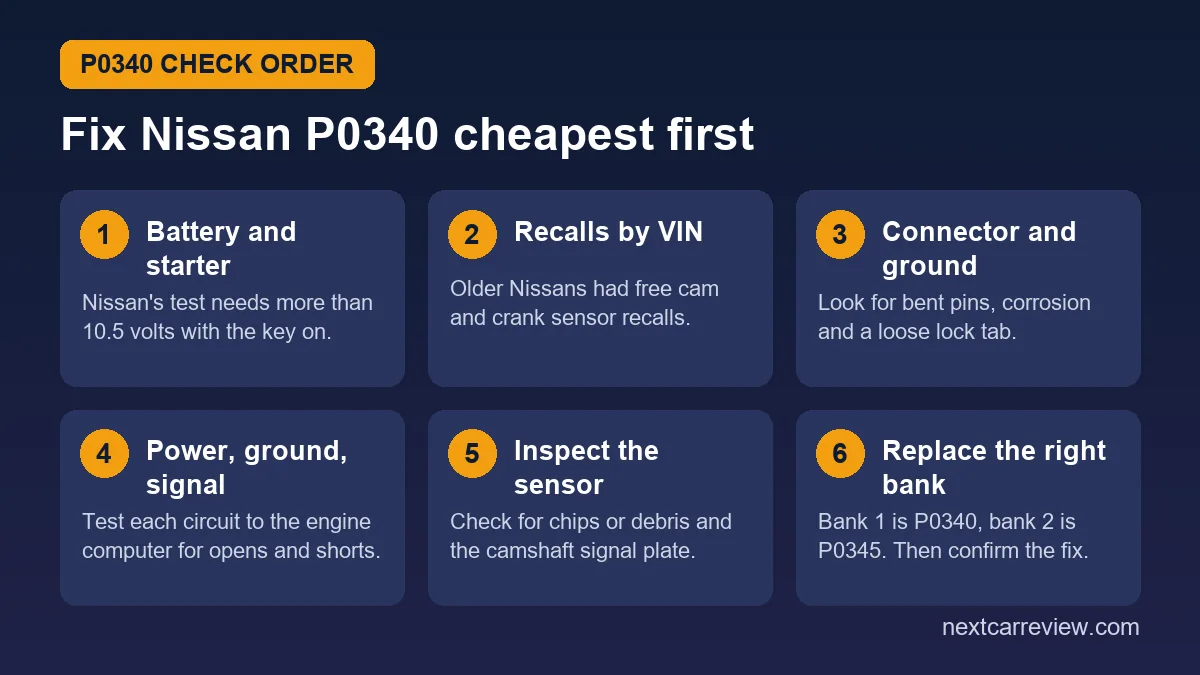 Six-step Nissan P0340 check order: battery, recalls, connector, circuits, sensor inspection, replace the correct bank