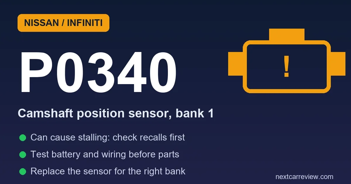 Nissan P0340 code card: camshaft position sensor bank 1, can cause stalling, check recalls first