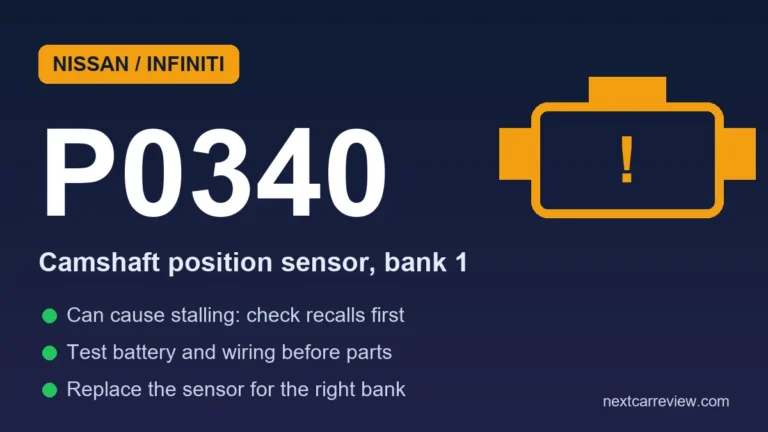 Nissan P0340 code card: camshaft position sensor bank 1, can cause stalling, check recalls first