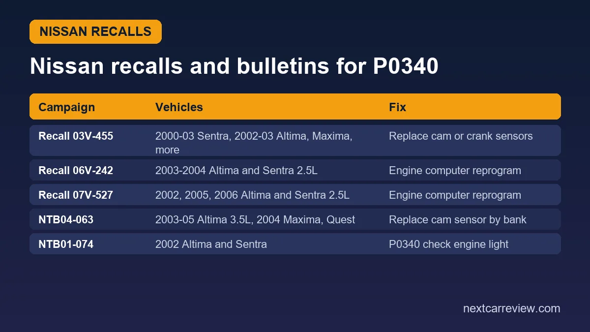 Table of Nissan safety recalls and service bulletins for P0340 on Sentra, Altima, Maxima and Quest