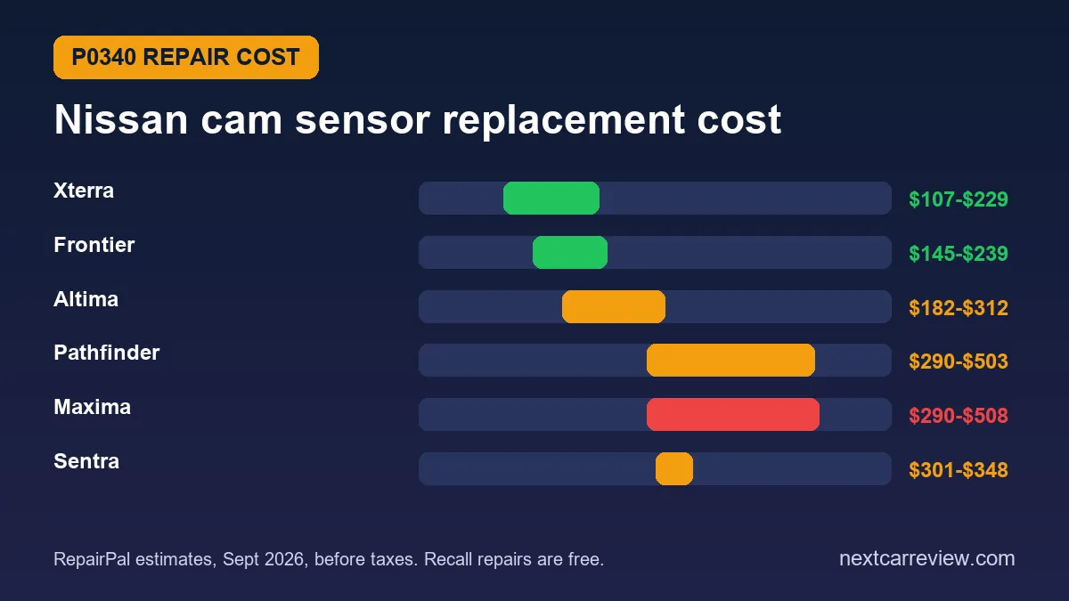 Nissan camshaft position sensor replacement cost chart from RepairPal for Xterra, Frontier, Altima, Pathfinder, Maxima and Sentra