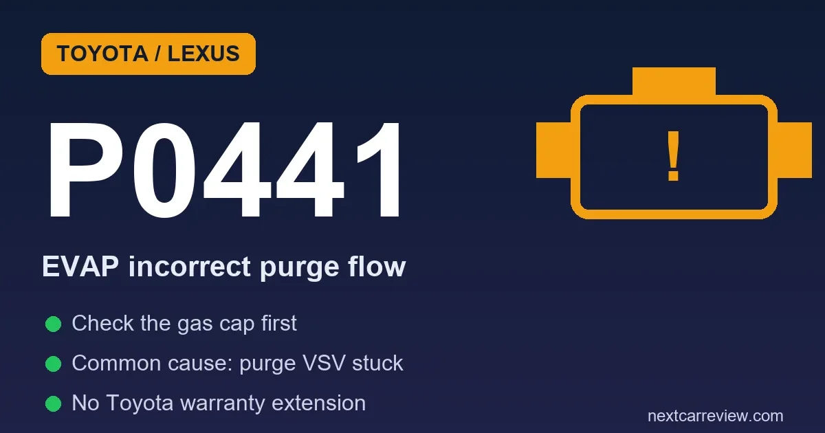 Toyota P0441 code card: EVAP incorrect purge flow, check the gas cap first, purge VSV common cause