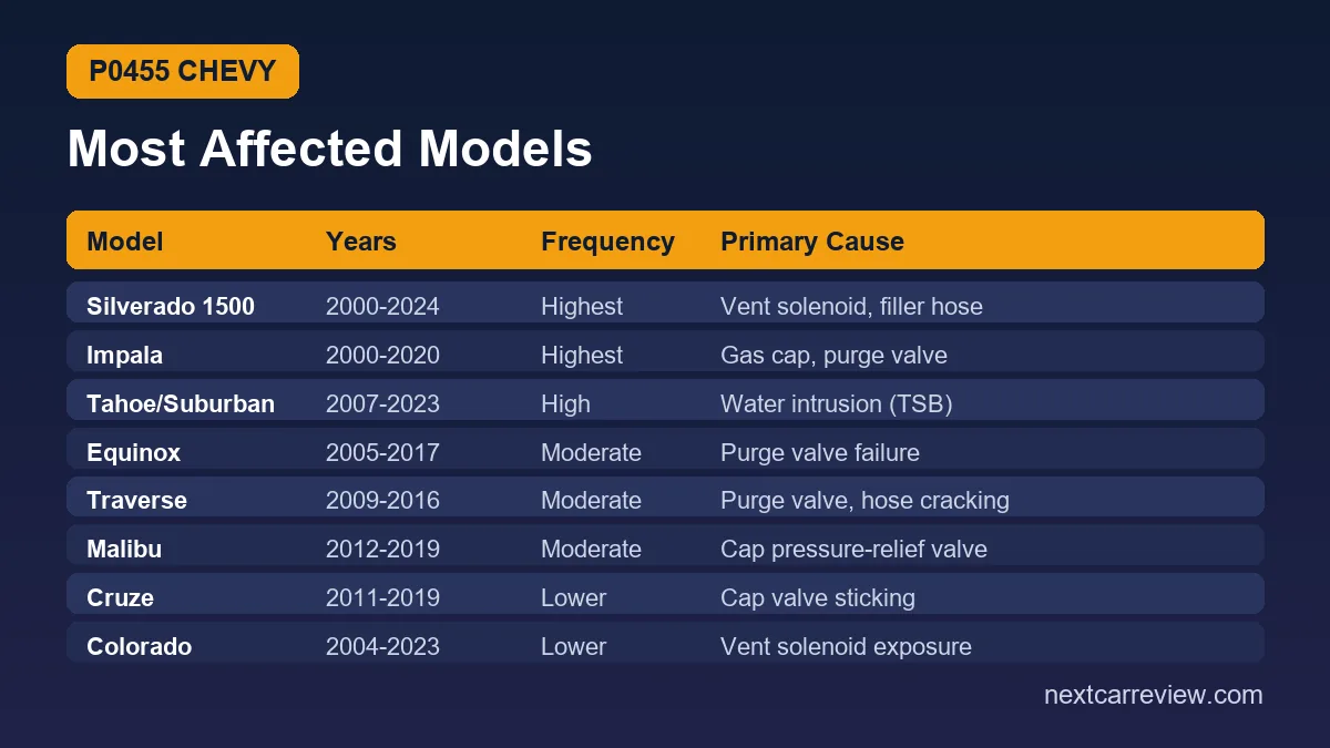 Chevy models most affected by P0455: Silverado, Impala, Tahoe, Equinox, Traverse, Malibu, Cruze, Colorado