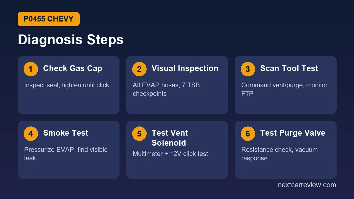 P0455 Chevy diagnosis steps: check gas cap, visual inspection, scan tool test, smoke test, test vent solenoid, test purge valve