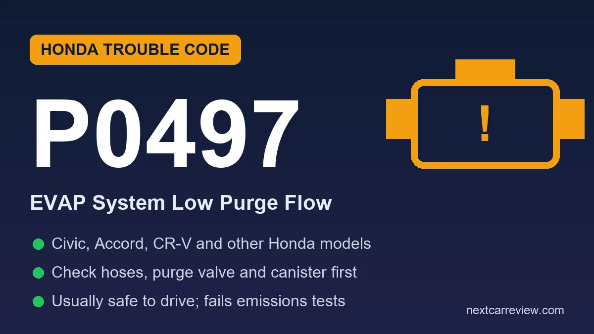 Honda P0497 code card: EVAP system low purge flow on Civic, Accord and CR-V, check hoses, purge valve and canister first