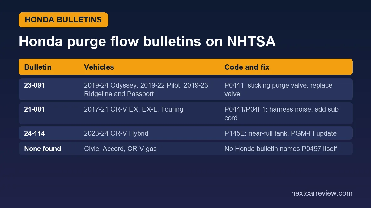 Table of Honda service bulletins 23-091, 21-081 and 24-114 for purge flow codes, and no bulletin naming P0497 on Civic, Accord or CR-V
