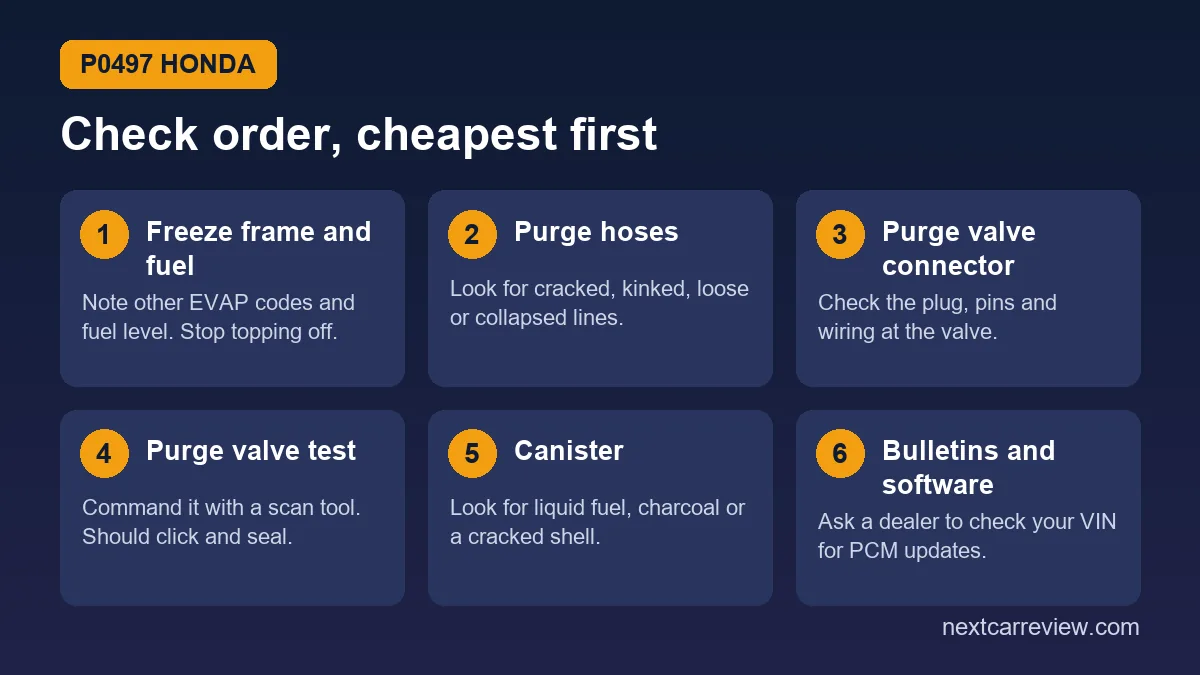 Six-step Honda P0497 check order: freeze frame and fuel, purge hoses, purge valve connector, purge valve test, canister, bulletins and software