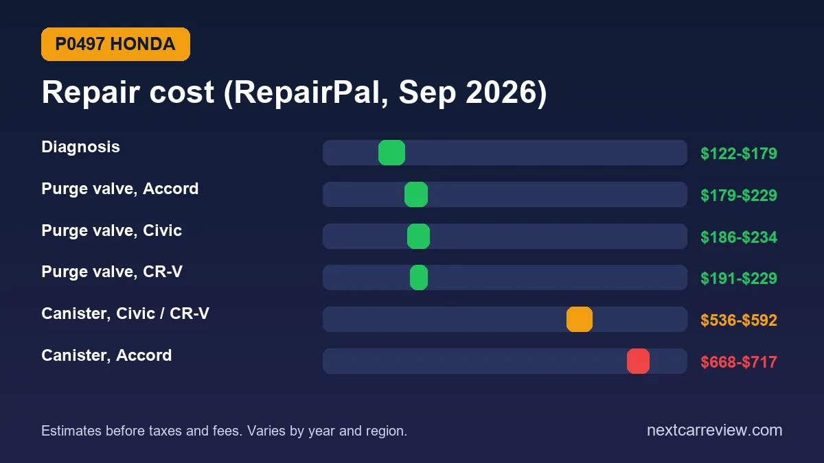 Honda P0497 repair cost chart from RepairPal: diagnosis, purge valve for Accord, Civic and CR-V, and charcoal canister