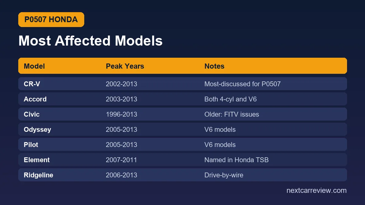 Honda models most affected by P0507: CR-V, Accord, Civic, Odyssey, Pilot, Element, Ridgeline