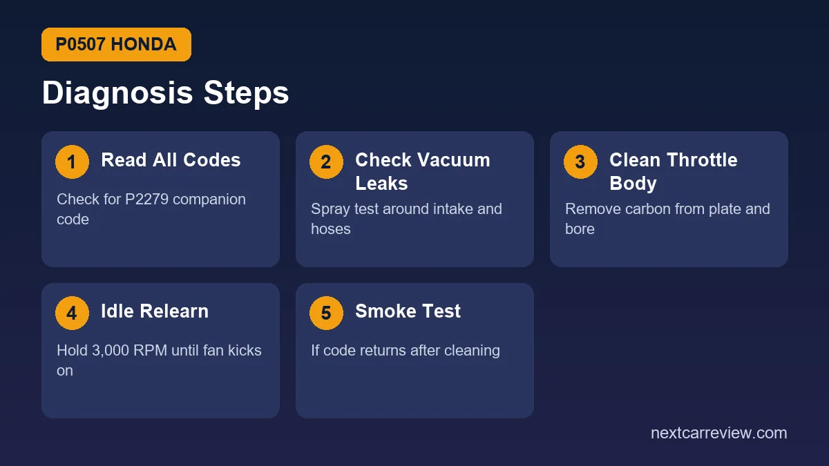 P0507 Honda diagnosis steps: read codes, check vacuum leaks, clean throttle body, idle relearn, smoke test