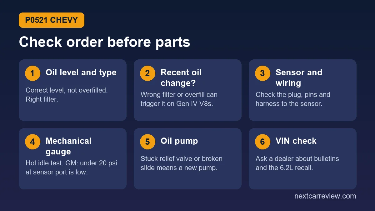 Six-step Chevy P0521 check order: oil level, recent oil change, sensor wiring, mechanical gauge test, oil pump, VIN check