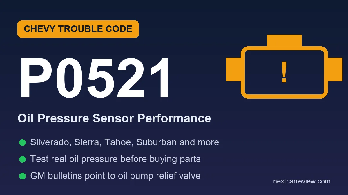 Chevy P0521 code card: engine oil pressure sensor performance on Silverado, Sierra, Tahoe and Suburban, test real oil pressure first