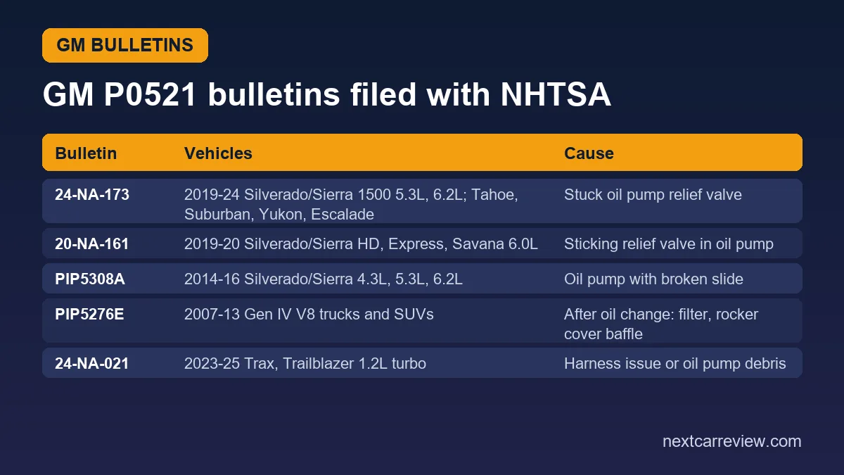 Table of GM bulletins for P0521: 24-NA-173, 20-NA-161, PIP5308A, PIP5276E and 24-NA-021 with vehicles and causes