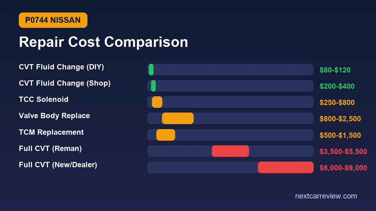 P0744 Nissan repair cost comparison from $80 DIY fluid change to $9,000 new CVT replacement