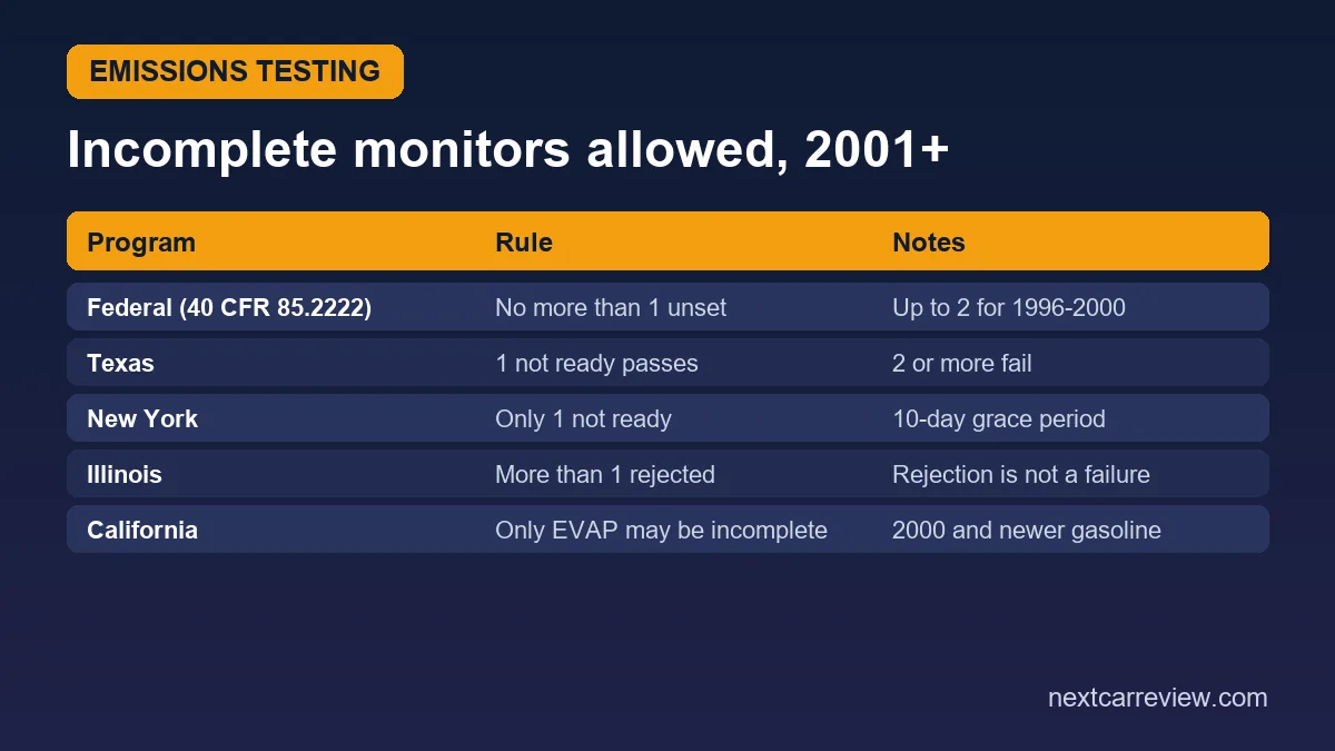 Table of incomplete readiness monitors allowed for 2001 and newer vehicles: federal rule, Texas, New York, Illinois and California