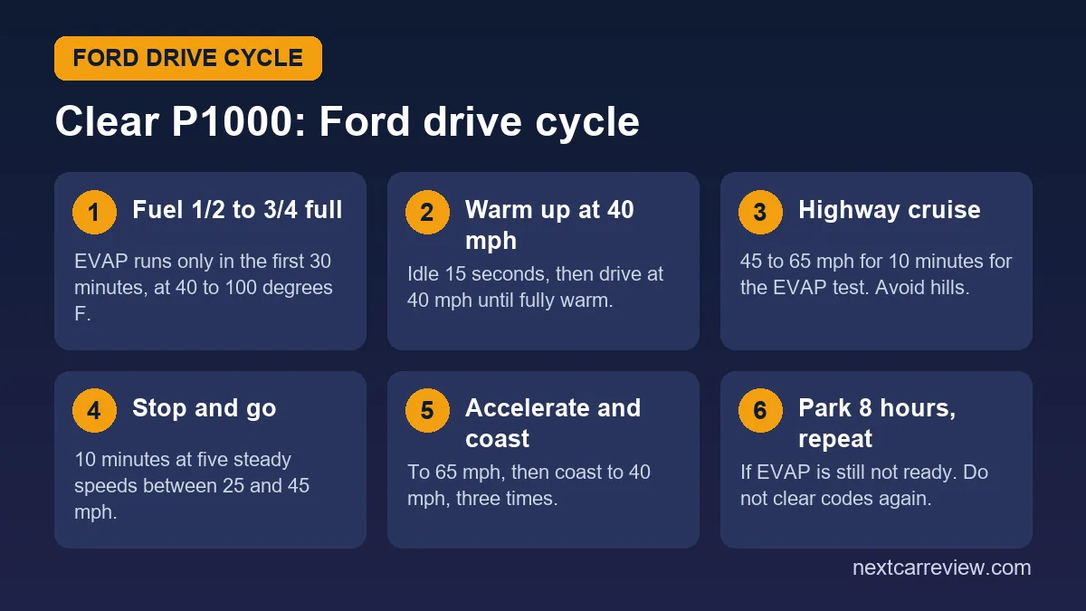 Six-step Ford drive cycle to clear P1000: fuel level, warm up, highway cruise, stop and go, accelerate and coast, park and repeat