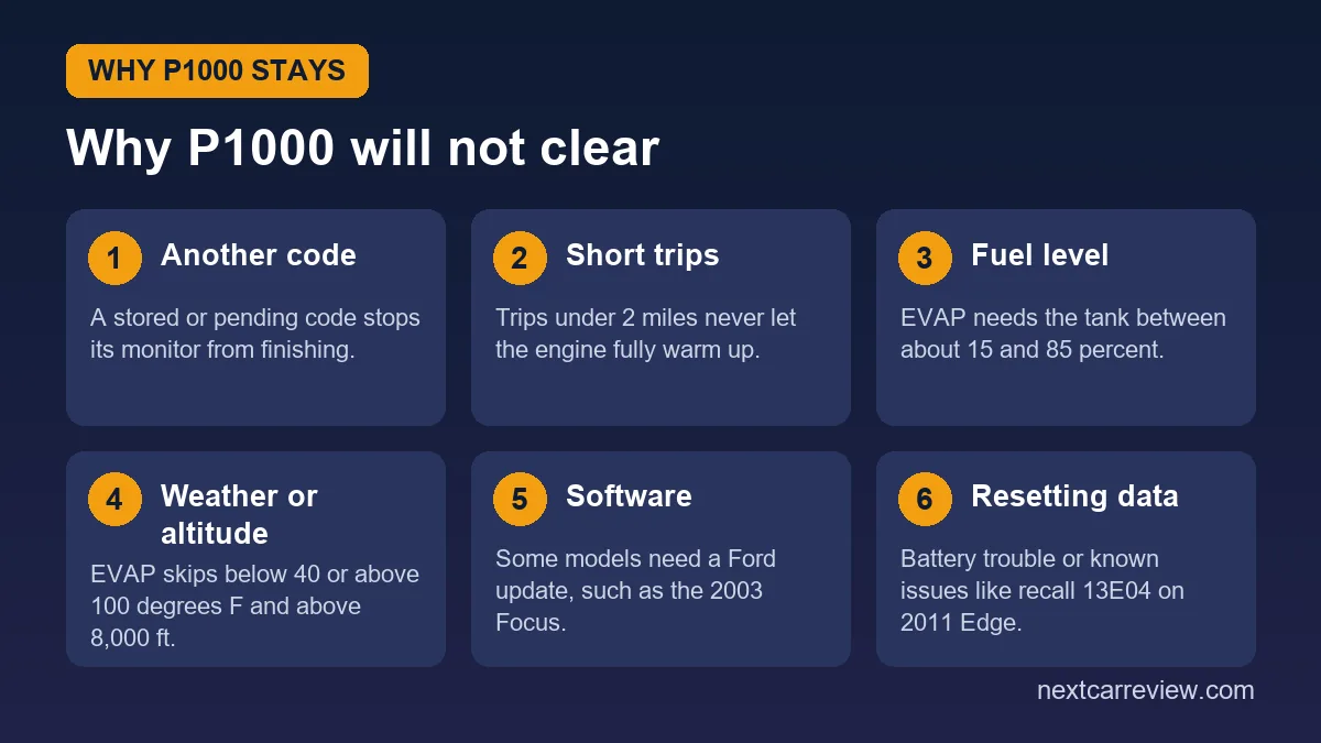 Six reasons Ford P1000 will not clear: another code, short trips, fuel level, weather or altitude, software, resetting data
