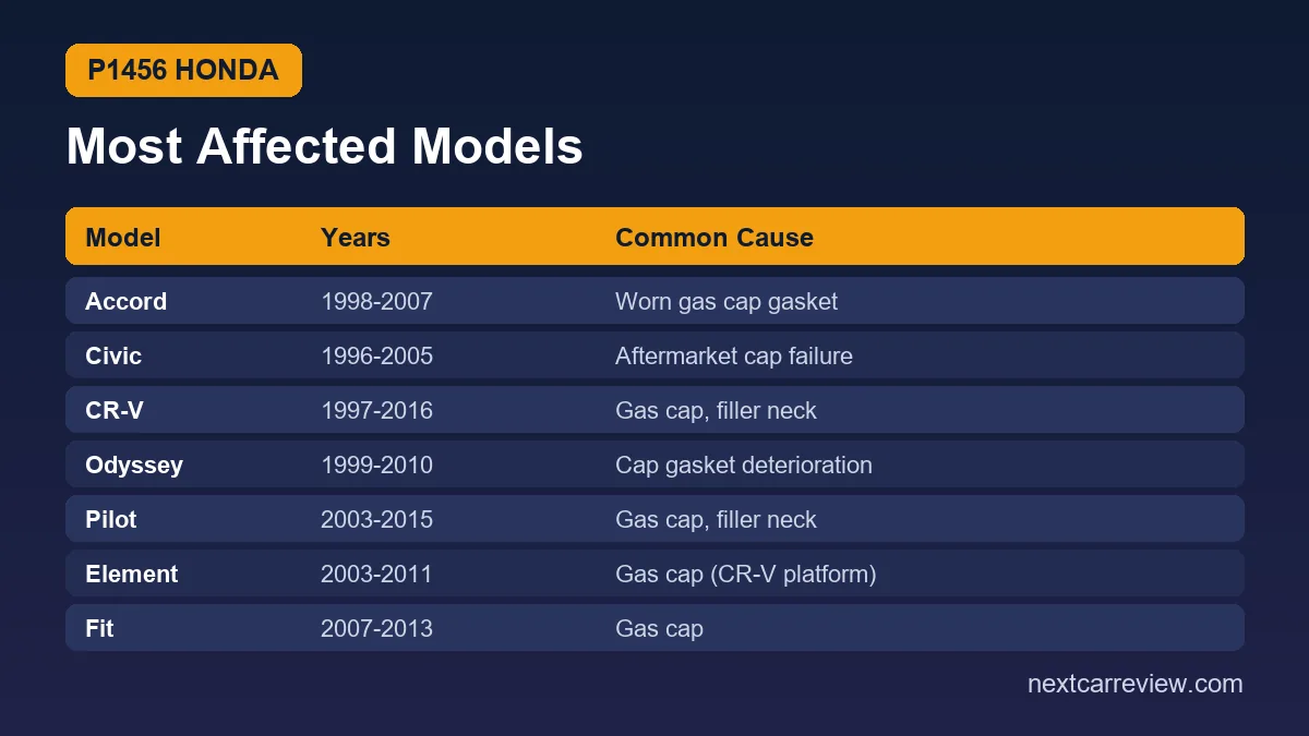 Honda models most affected by P1456: Accord, Civic, CR-V, Odyssey, Pilot, Element, Fit