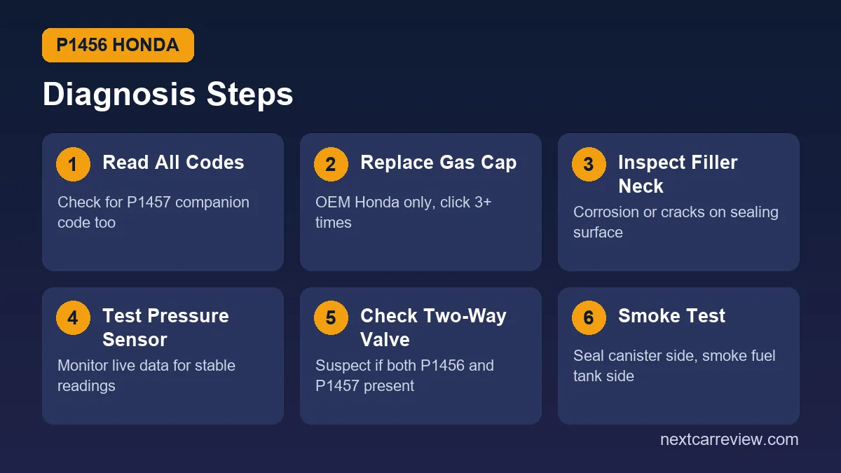 P1456 Honda diagnosis steps: check gas cap first, inspect filler neck, test pressure sensor, check two-way valve, smoke test