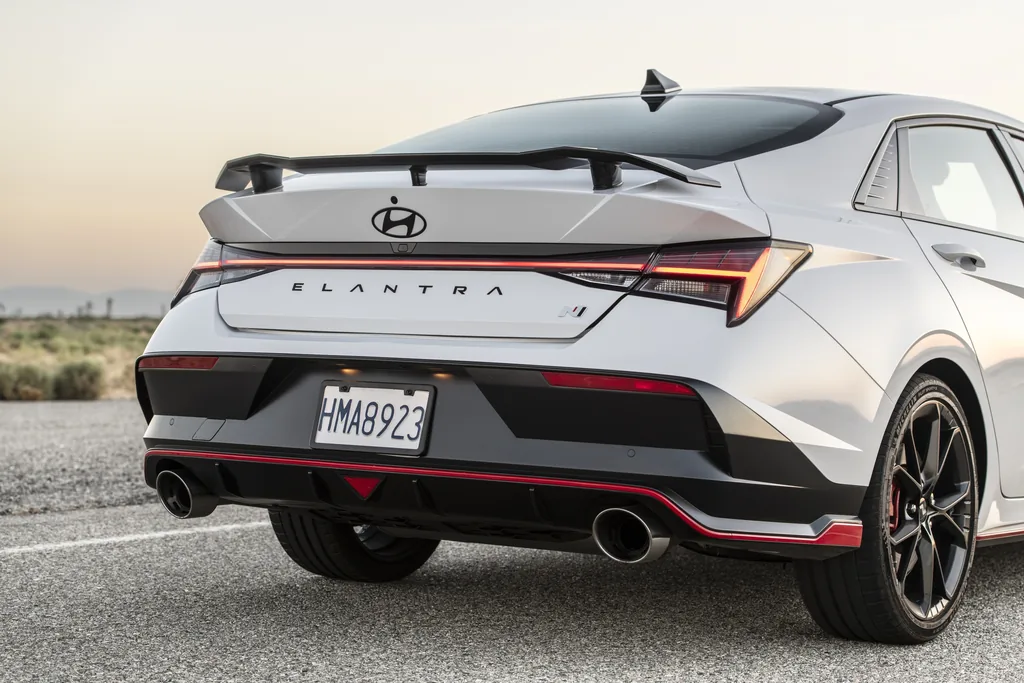 2024 Hyundai Elantra N Review - rear 3/4 with wing and twin exhausts