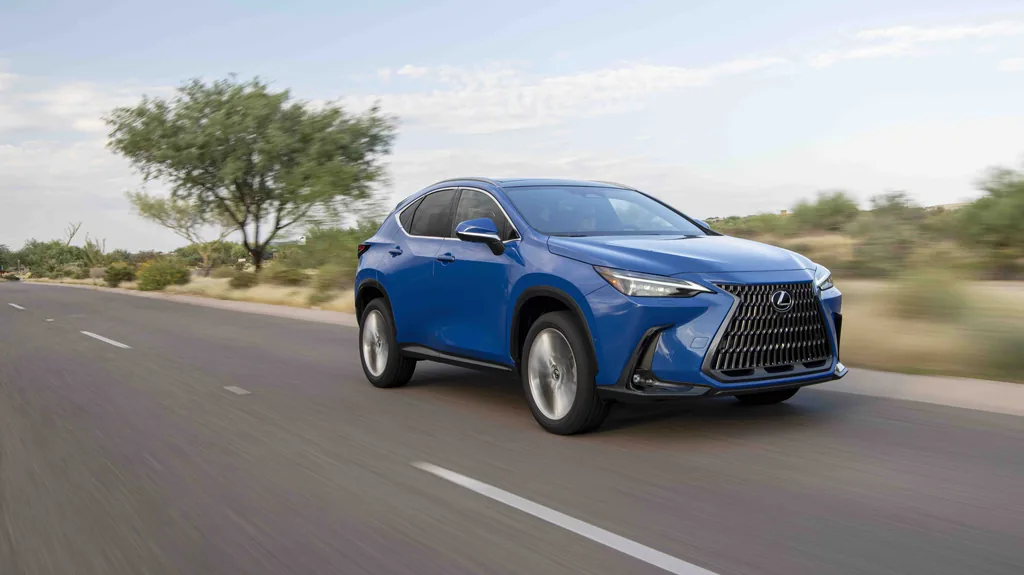 2025 Lexus NX Hybrid Review - 2025 NX 350h Luxury, front 3/4 driving (Grecian Water blue)